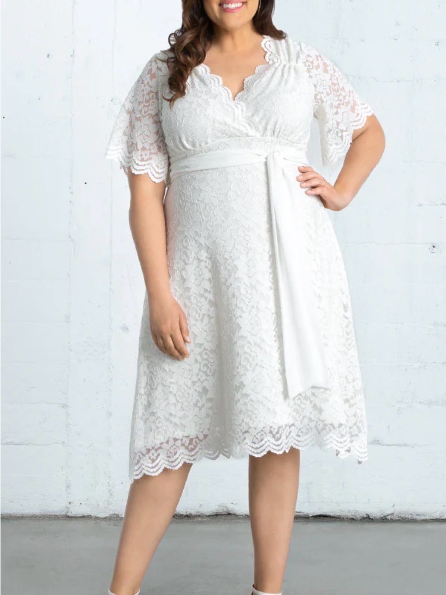Kiyonna Bridal Lace Wrap-Front Midi Dress In White